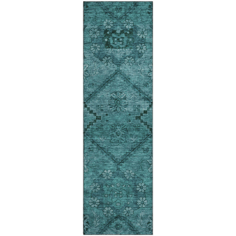 Premium Machine Washable Prisco Teal Rug, Runner 2'3" x 7'6"