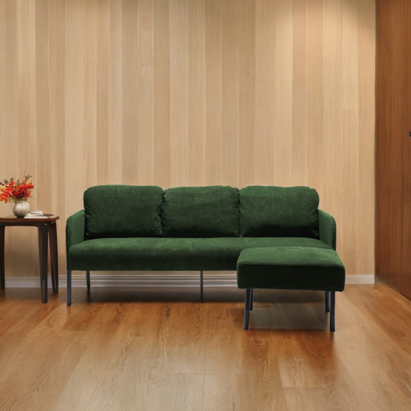 Canapé 3 places en tissu de polyester vert en L avec repose-pieds, canapé rembourré moderne, petits fauteuils confortables pour petit salon, chambre à coucher, bureau, appartement