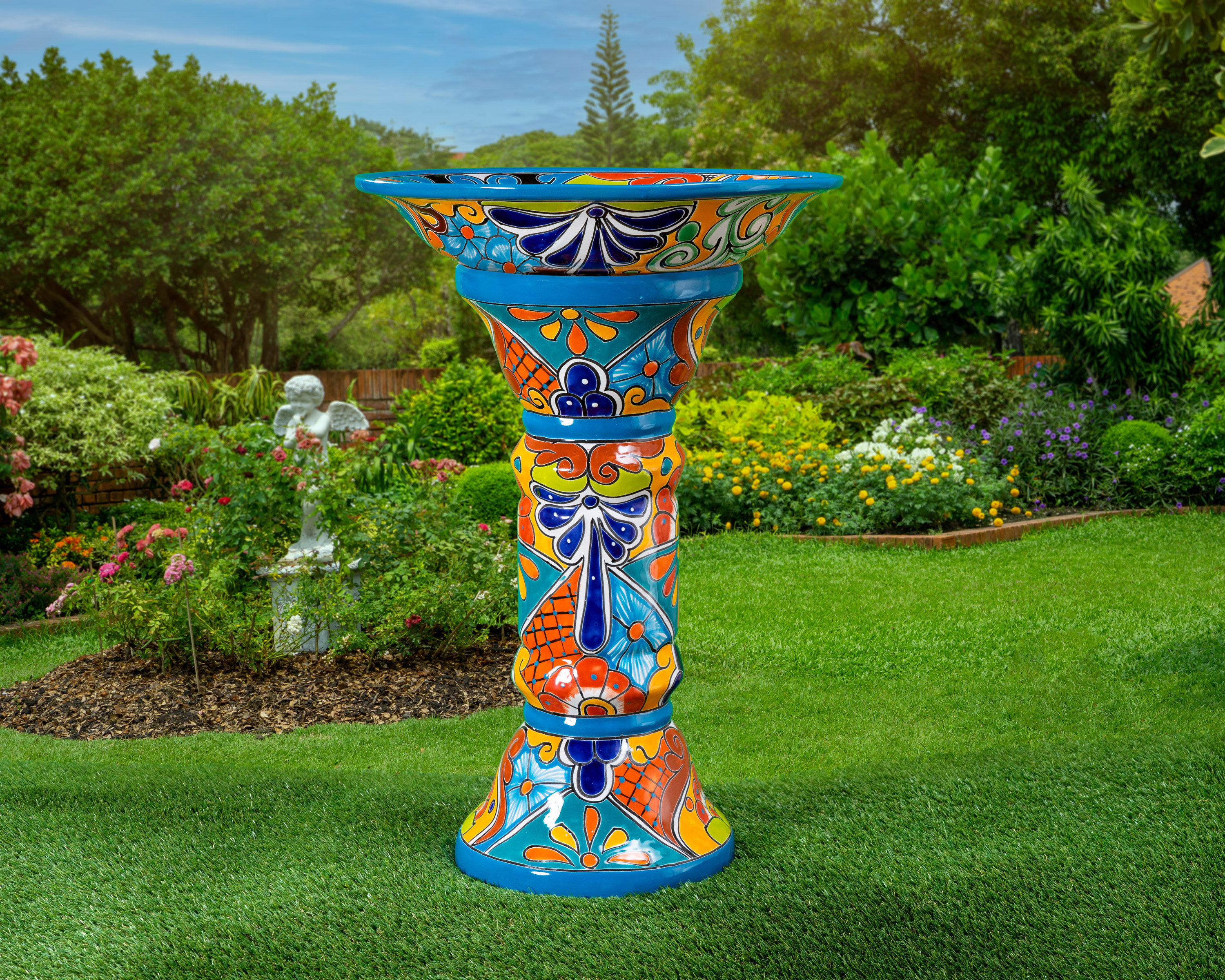 Bungalow Rose Handmade Mexican Talavera Pottery Ceramic Bird Bath