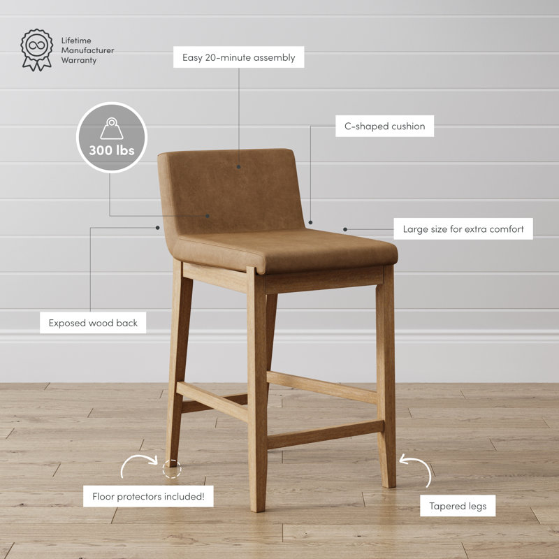 Light Brown Faux Leather Counter Stools with Wooden Legs, Set of 4