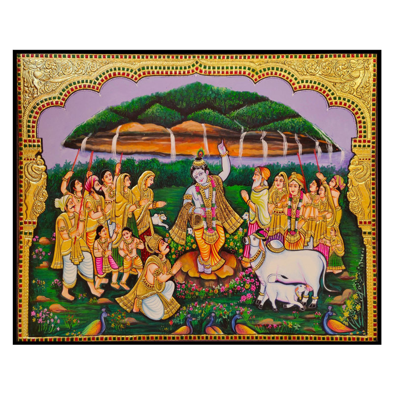 Lord Krishna soulevant la colline Govardhana | Peinture de Tanjore par My Angadi