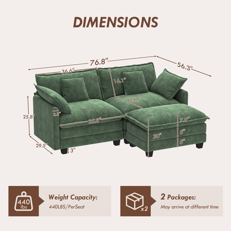Canapé modulaire en L en chenille avec repose-pieds 76,8 po George, Chenille verte