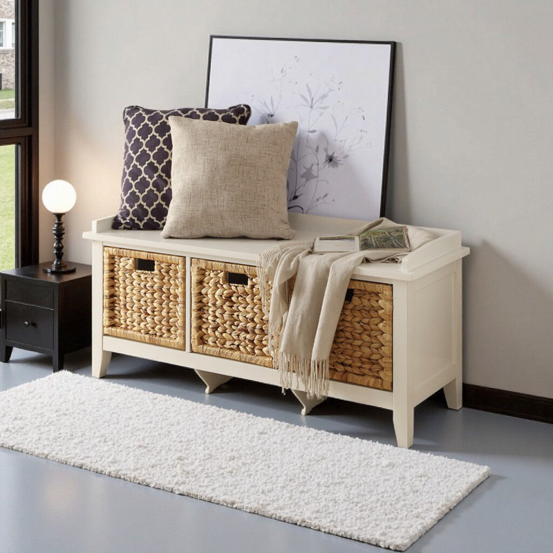 Banc de rangement en rotin blanc avec 3 tiroirs et panier à l'avant, banc transitionnel rectangulaire de 43 pouces