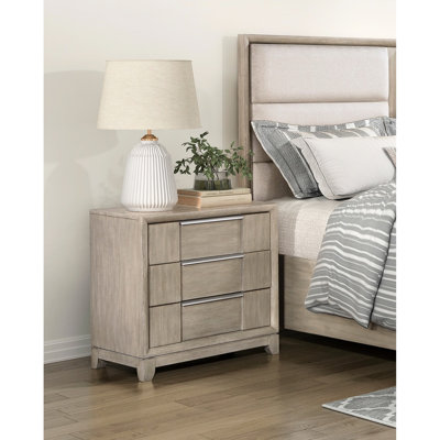 Table de chevet à 3 tiroirs de style moderne gris pour chambre à coucher, port de charge, quincaillerie finie, glissières de roulement, placage de frêne, table de chevet de meuble de finition 28 po x 17,5 po H 29 po, poignées ton sur ton, placage