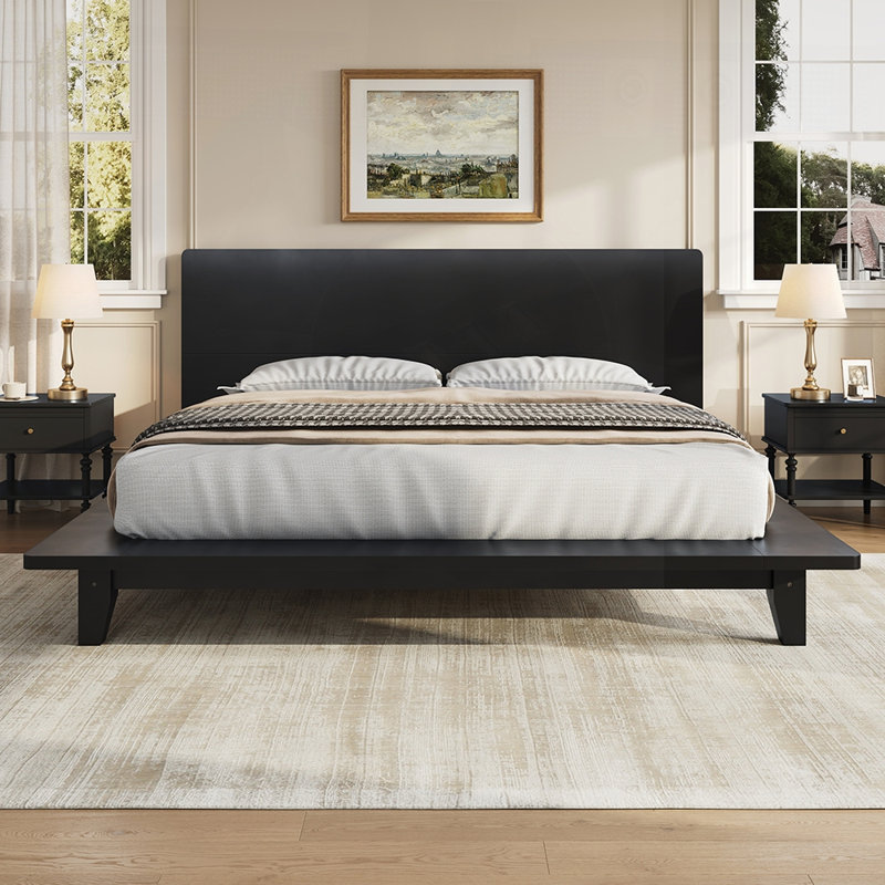 Cadre de lit plateforme élégant avec tête de lit, support en lattes de bois pour matelas et charme rustique, Grand lit, Noir