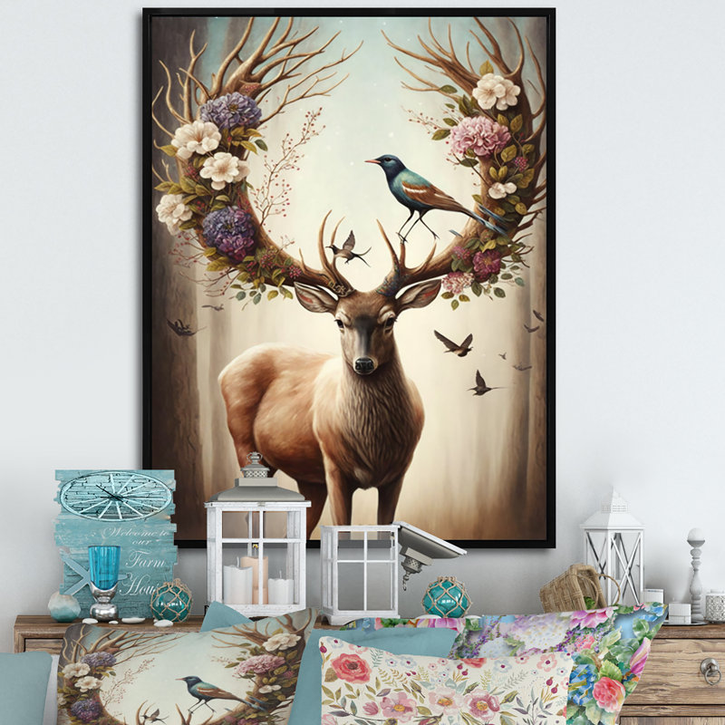 «Deer With Blooming Antler I», impression sur toile encadrée, H 32 po x l 24 po, Cadre flottant noir
