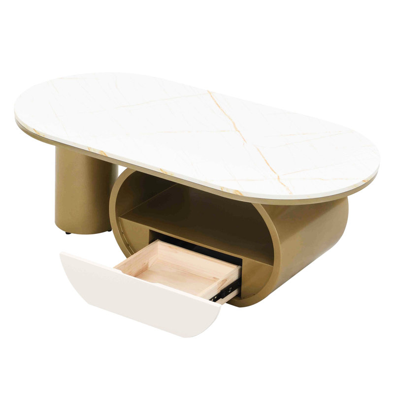 Table basse luxueuse moderne ovale de 48,58 po, métal doré avec tiroir de rangement et plateau en faux marbre pour le salon, option d'économie d'espace, structure stable, installation rapide