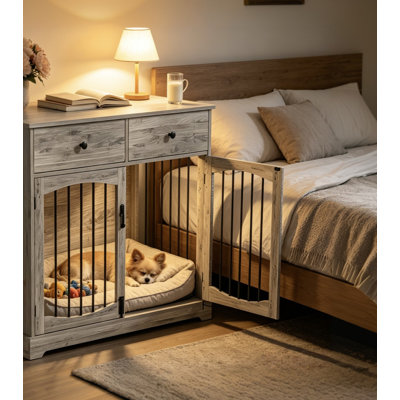 Cage pour chien de style meuble avec tiroirs et crochets, table de bout en bois à l'épreuve des mâchoires avec portes doubles et rangement