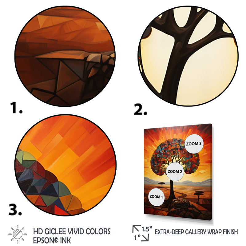 Cubist African Tree Landscape 4 - Art mural arbre africain, Cadre flottant blanc, H 32 po x l 16 po x P 1 po