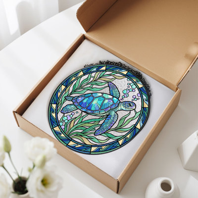 Sea Turtle Stained Glass Window Panel，12"H