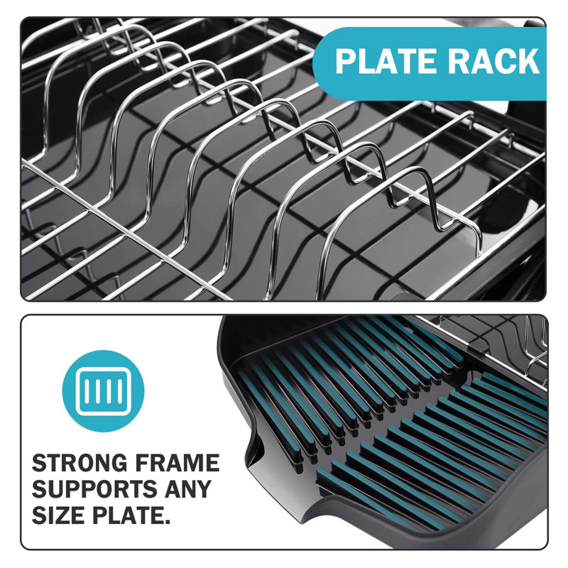 Black Extendable Stainless Steel Dish Drying Rack with Utensil Cup