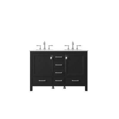 Meuble-lavabo double 48 po noir avec dessus en céramique blanc brillant, 6 tiroirs, 2 portes.