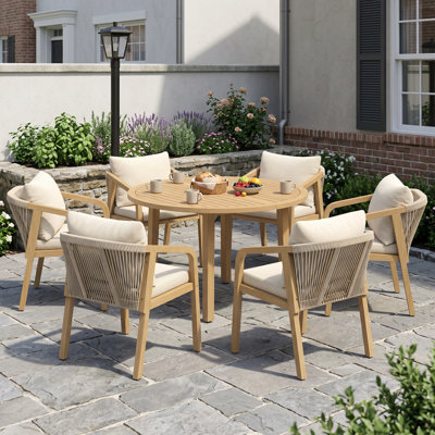 Ensemble repas d'extérieur en bois d'acacia 6 personnes Barkbridge avec coussins résistants à l'eau et trou pour parasol