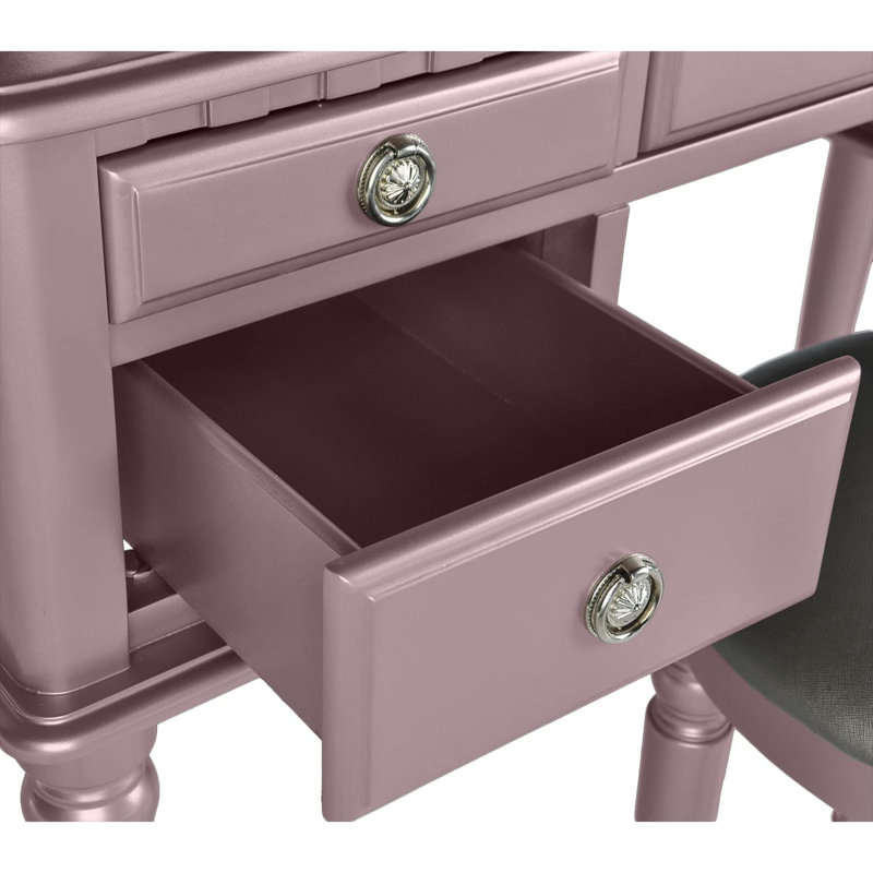 Ensemble de coiffeuse 3 pièces avec tabouret rembourré Enay, miroir, 5 tiroirs, or rose, Or rose / gris taupe