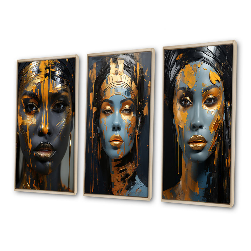 Ensemble de 3 reproductions d'art or et bleu, Cadre flottant brun, H 40 po x l 60 po