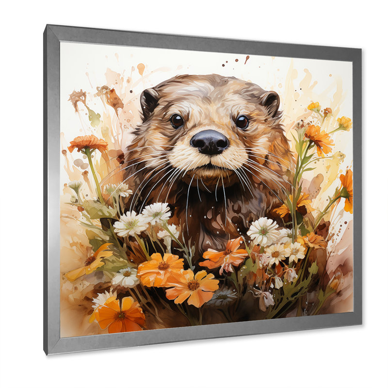 Loutre brune dans une prairie fleurie I - loutre, art mural, Silver Picture Framed, 30" H x 30" W
