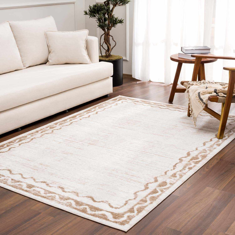 Tapis beige à bordure géométrique moderne lavable à la machine Luders, Rectangle 6 pi 7 po x 9 pi