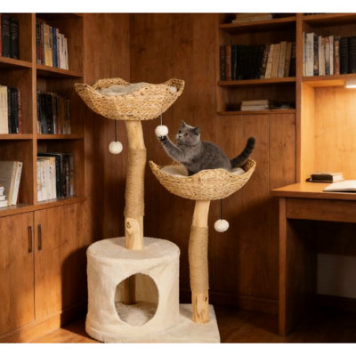 Arbre à chat avec poteau à griffer, structure en bois massif, lit de quenouilles, coussins lavables, base stable, 20,9 po x 16,5 po, 37,4 po, pour la fabrication de petits félins, boules, l P 37,4 po, 1 à 2 chats