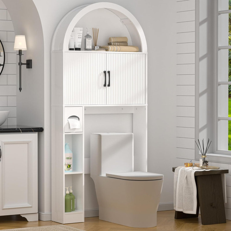 Armoire de rangement au-dessus de la toilette AHB, organisateur de salle de bain autoportant avec tablette réglable et dispositif anti-basculement, armoire arquée avec portes, rangement de toilette peu encombrant pour la salle de bain, buanderie, mini b