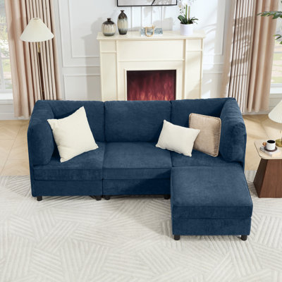L-Shaped 4 Seat Modular Sectional Chenille Sofa With Ottoman