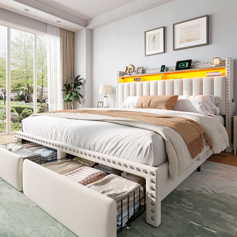 Upholstered Platform Bed with Nailhead Trim, LED Light 2-Tier Shelf Headboard, Charging Station, 2 Under Bed Storage Drawers & 2 Side Pockets, No Box Spring Needed