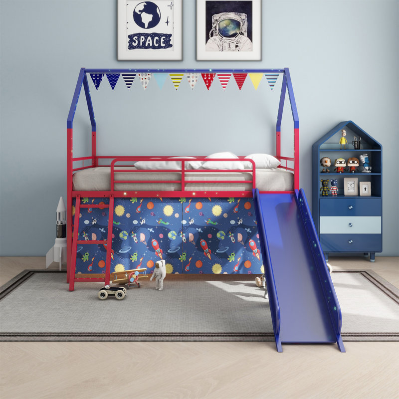 Ensemble de lit mezzanine avec glissade et rideau Jack, Rouge / Bleu