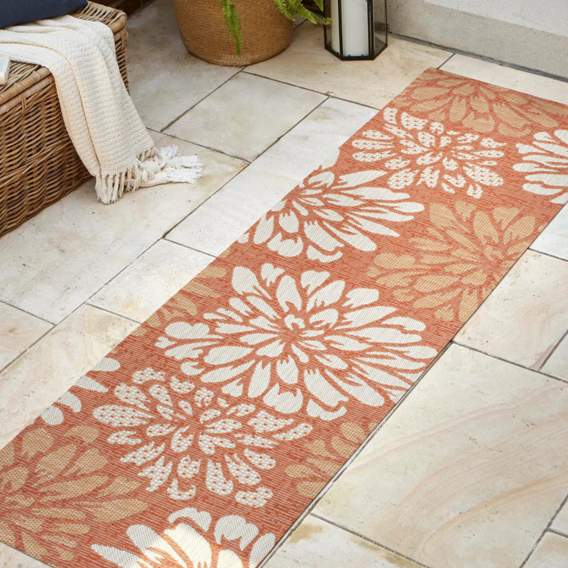 Tapis intérieur / extérieur à motif floral texturé orange / crème Zinnia, Tapis de couloir 2 pi 2 po x 10 pi