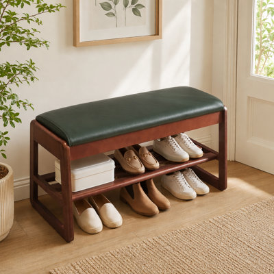 Premium Vegan Leather Upholstered Shoe Bench, Storage Bench with Hidden Lift Top Storage & Tiered Open Shoe Shelves