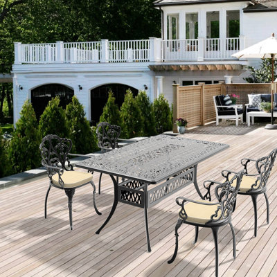 Cast Aluminum Outdoor Patio Furniture With 4 Seats And Random Color Cushions, Elegant Designs, High - Temp Coating, Comfortable Seats, Stackable Tables, Pa66 Nylon Slip Foot , Exquisite Patterns,