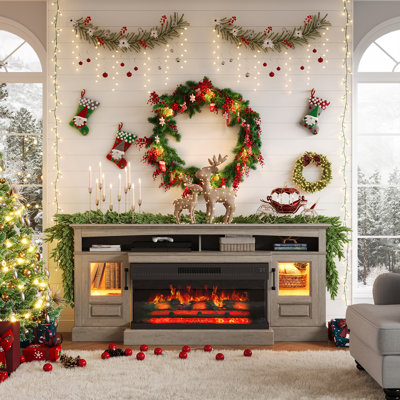 Farmhouse Fireplace Entertainment Center For Tvs Up To 80 Inch, 70"" Cozzens With 36 Inch 3-sided Electric Fireplace For Living Room, 20 Flame Colors -  Lark Manor™, 6653AFCA03794038B9668B1C9D43F94C