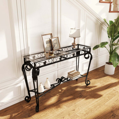 Table de style moderne en verre et en métal de fantaisie pour l'entrée, tables console pour l'entrée, table de couloir robuste avec rangement, tables de canapé faciles à assembler pour le salon