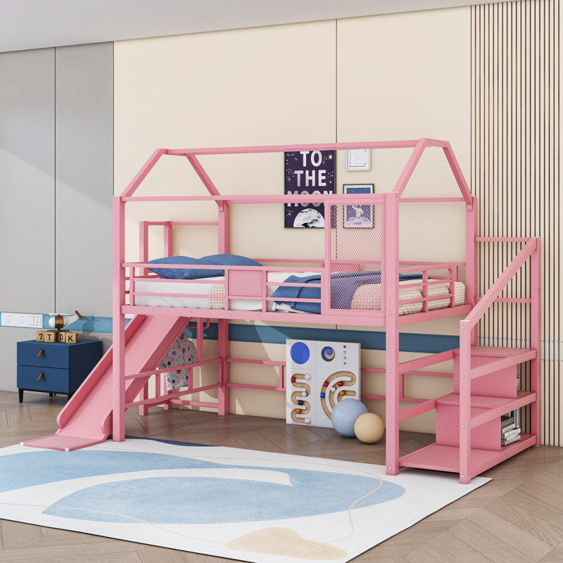 Lit mezzanine avec glissade et escalier House, Double, Rose