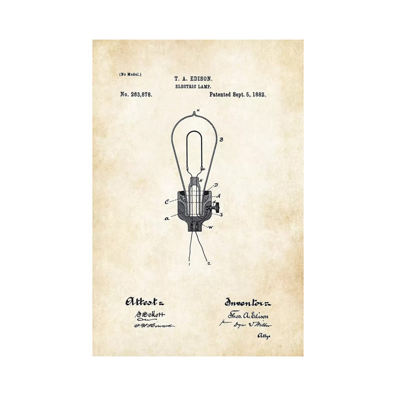 «Thomas Edison Light Bulb» par brevet77 - reproduction de dessin sur toile tendue, H 12 po x l 8 po x P 0,75 po