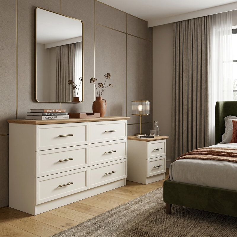 Cleverton Bedside Table And 6 Drawer Chest Bedroom Set, Ivory