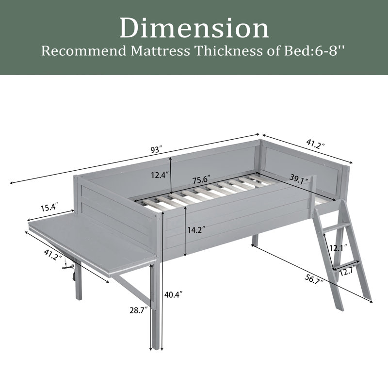 Lit mezzanine en bois avec bureau et DEL, Gris clair, Lit simple