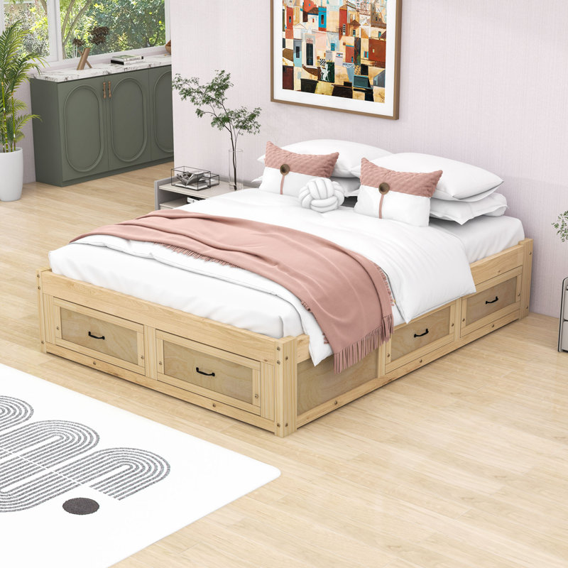 Lit plateforme en bois 6 tiroirs au design épuré, Naturel antique, Grand
