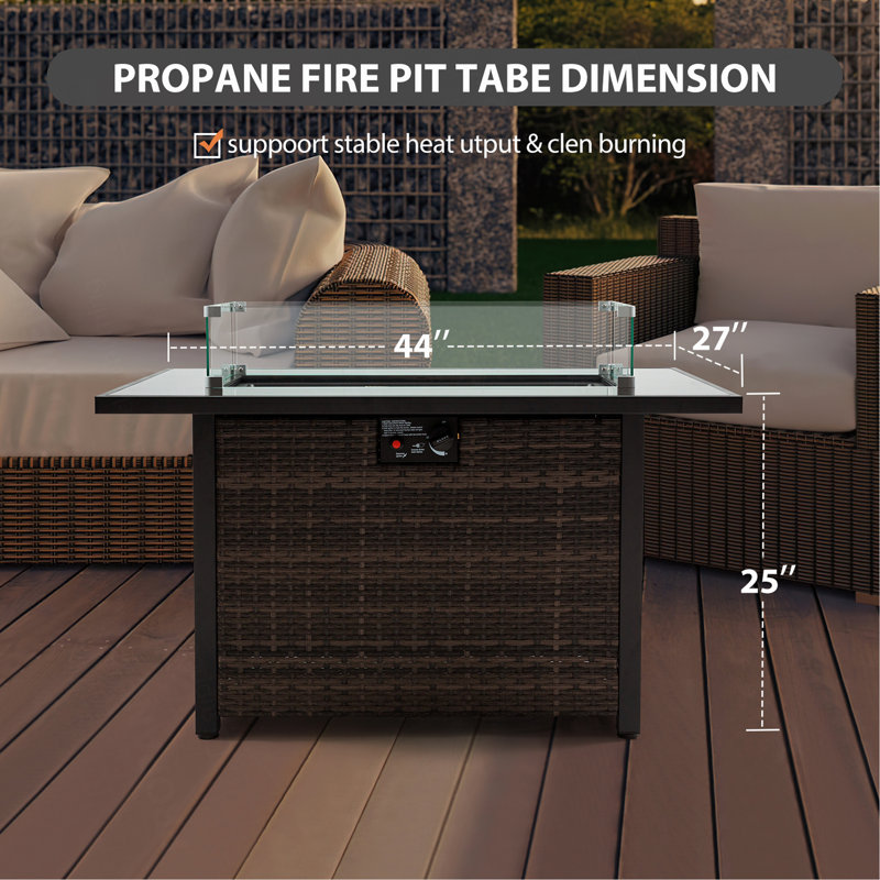 Outdoor Fire Pit 50,000 BTU Propane Gas Fire Table With Lid Fireplace With Glass Wind Guard Wicker Base For Garden, Patio, Backyard, 44"