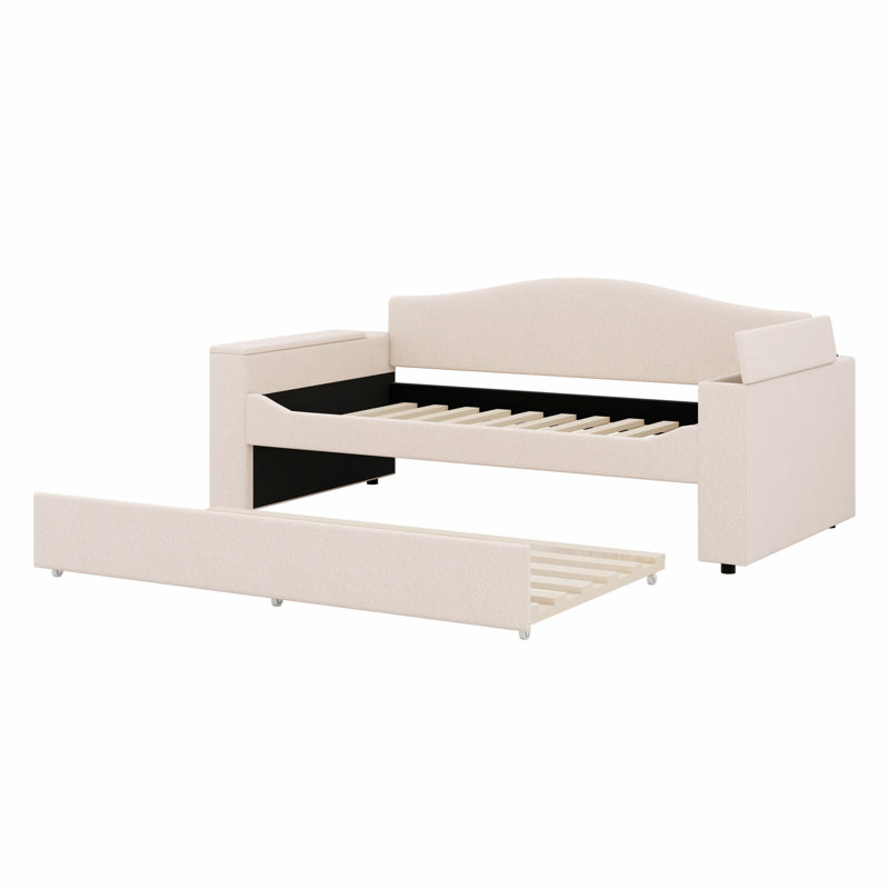 Lit de jour rembourré avec accoudoirs de rangement, lit gigogne et dernier système audio Bluetooth intégré., Beige