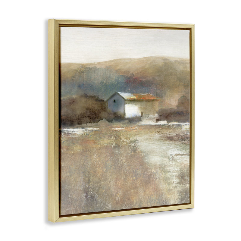 Distant Cabin with Rustic Scenery, Metallic Gold Floater Frame, 31" H x 25" W