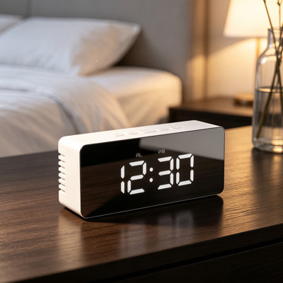 Mirror LED Digital Alarm Clock, Modern Bedside Table Clock with Temperature Display, Adjustable Brightness, Snooze, USB Powered & Battery Backup for Bedroom, Living Room, Office
