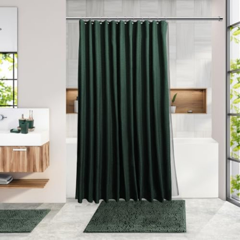 Bathroom Accessories Set - Bathroom Set, Bathroom Accessory Set, Shower Curtain Set, Toilet Brush, Trash Can & Soap Dispenser - Green - 20PC