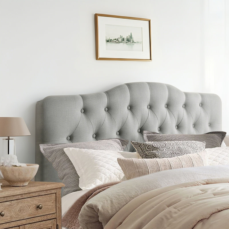 Adjustable Height Headboard with Linen Upholstery and Button Tufting for Bedroom, Queen, Gray