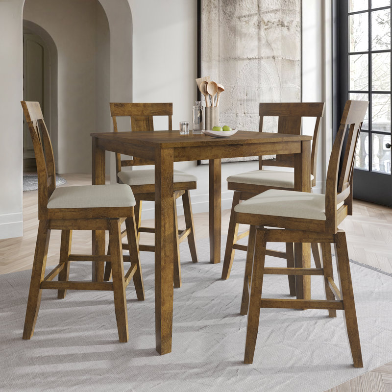 5-Piece Counter-Height Dining Set with Upholstered Splat-Back Chairs and Square Table, Brown, Brown