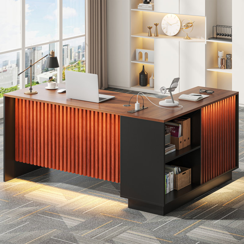 L-shaped Executive Desk, Home Office Desk With Storage, Drawers, File Cabinet And Privacy Panel, Modern Corner Desk With Charging Station & Led Lights,