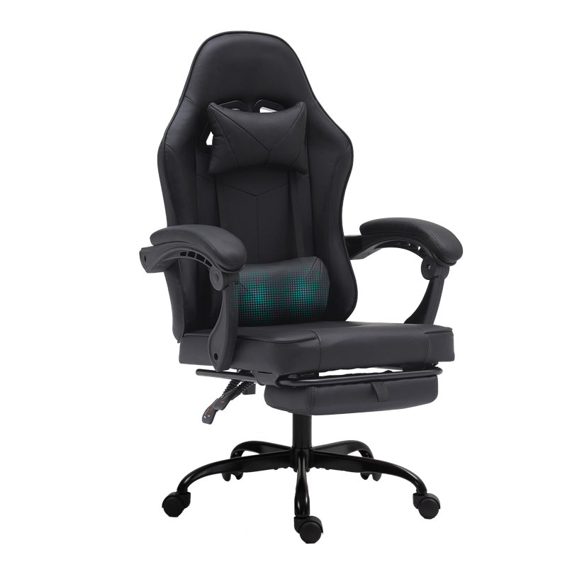 Reclining Ergonomic Faux Leather Swiveling PC & Racing Game Chair with Footrest, 46.46" H x 18.89" W x 19.92" D, Black