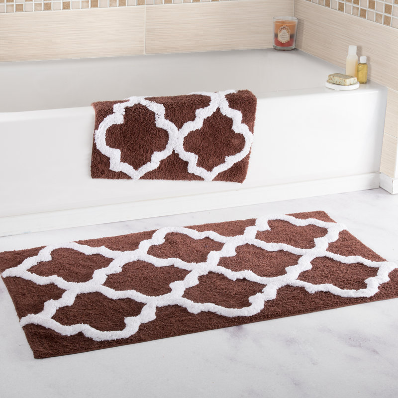 Lavish Home 2 Piece Bathroom Rug Set - 41x24.5 Inch and 34x21 Inch 100% Cotton Bath Mats with Textured Trellis Print for Elegant Bathroom Decor - Bath Rugs Non Slip Washable Bathmats
