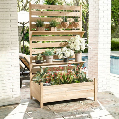 Outdoor Privacy Screen with Planter, 72.8" H x 26" W x 41.3" D, Solid Wood Freestanding Patio Privacy Divider with 2-Tier Shelf, Natural