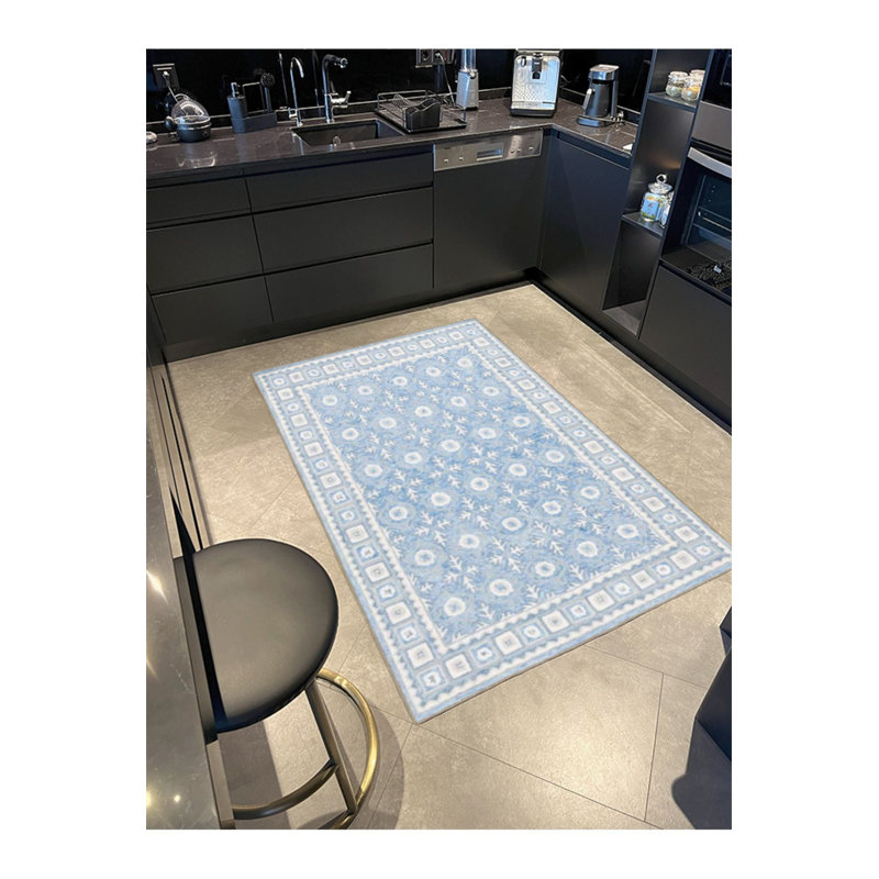 Tapis bleu lavable à motif géométrique tissé à motif géométrique bleu, Sous-tapis rectangulaire 5 pi 1 po x 7 pi 7 po inc
