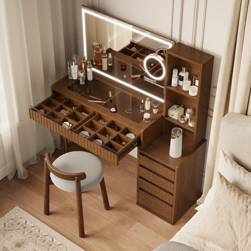 Ensemble coiffeuse à 6 tiroirs avec tabouret pivotant en bois massif, éclairage DEL réglable et miroir grossissant