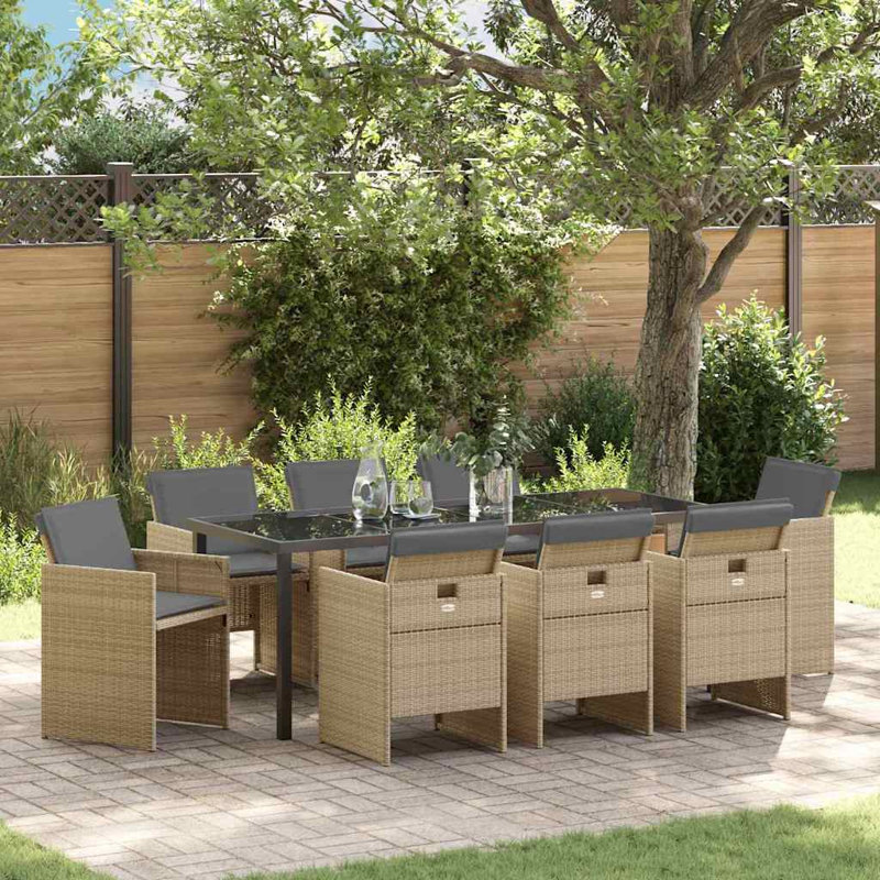 Elijio 8 - Person Patio Dining Set with Rectangular Table, Grey Cushion/Natural Frame